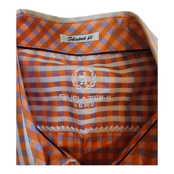 Bugatchi Uomo Designer Short Sleeve Men's Shirt SZ L Orange Plaid - Picture 3 of 8